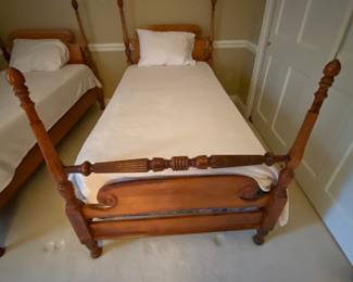 $495 Set of 2 Antique 4 poster twin bed with mattress and box spring included. Carved head boards with carved pineapple finish.