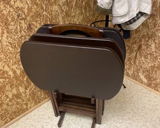 $63.00 - Vintage Wood Folding TV Trays with Stand - Set of 4
