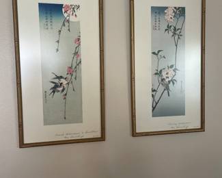 $79.00/Pair - Asian Floral Bird Signed and Titled Prints with Gold Bamboo Frame - 19.5" x 10.5"
