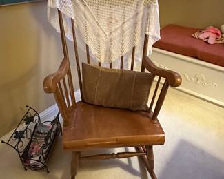 $85.00 - Vintage Mid Century Wood Rocking Chair; $20.00 - White Crocheted Shawl; $10.00 - Throw Pillow