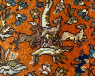 $695.00  Hand woven oriental carpet. Hunt scene in excellent condition 60+ years old. 72”&48”