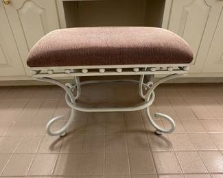 $75.00 - Vintage Swirling Scroll White Iron Vanity Stool With Upholstered Cushion 
