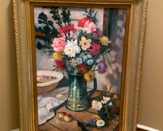 $325.00 - Floral in Vase Art Artist Signed Painting in Gold Wood Frame - 32" x 44" -