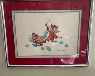 $63.00 - Signed Marc Davis Cinderella Gus Gus Jacques Jack Disney Framed Lithograph Framed Matted - 19” x 15”