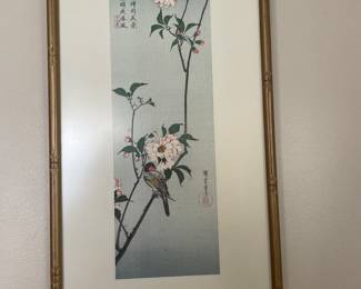 $79.00/Pair - Asian Floral Bird Signed and Titled Prints with Gold Bamboo Frame - 19.5" x 10.5"