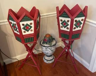 $325.00 - Pair of Folk Art Style Red and Green Hand-Painted Wood Planters 39" Tall 