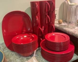 $49.00 -Elan Red Melamine Dishware Set – 49 Piece Set - 11 Dinner Plates, 12 Dessert Plates, 12 Bowls, 12 Cups & 2 Servers