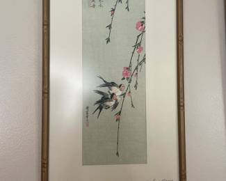 $79.00/Pair - Asian Floral Bird Signed and Titled Prints with Gold Bamboo Frame - 19.5" x 10.5"