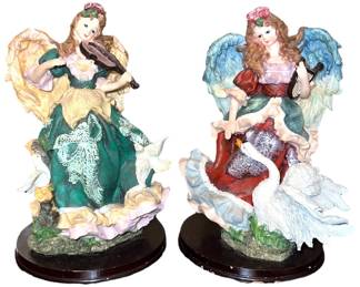 Set of 2 Angel Figurines wInstruments 