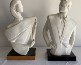 Pair of 80s white ceramic male and female statues 15" w x 25" tall