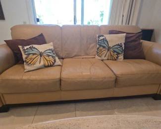 PO104VBeige Leather 3 Cushion Sofa with Pillows