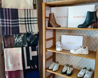 Chloe size 6.5, others mostly 7.5, beautiful scarves
