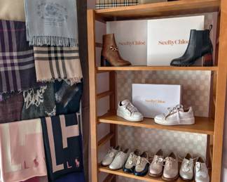 SeeByChloe (size 6.5) Most others size 7.5, scarves by Burberry, Ralph Lauren, and others. Wool, cashmere, and silk.