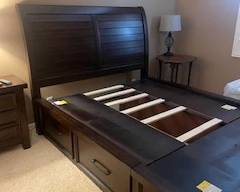 queen size bed frame with drawers. matching nightstand.
