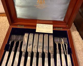 Antique Sterling and Mother Of Pearl Dessert Set. Made in England