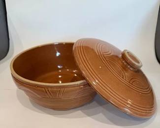 Antique covered pottery bean pot