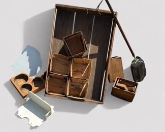 Strawberry box, popcorn popper, cash register/coin drawer, wooden boxes, folk art shelves