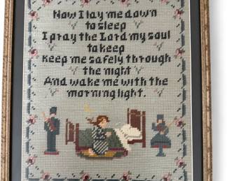 Vintage 60s needlepoint "Now I Lay Me Down to Sleep" , professional frame    Perfect for a nursery!