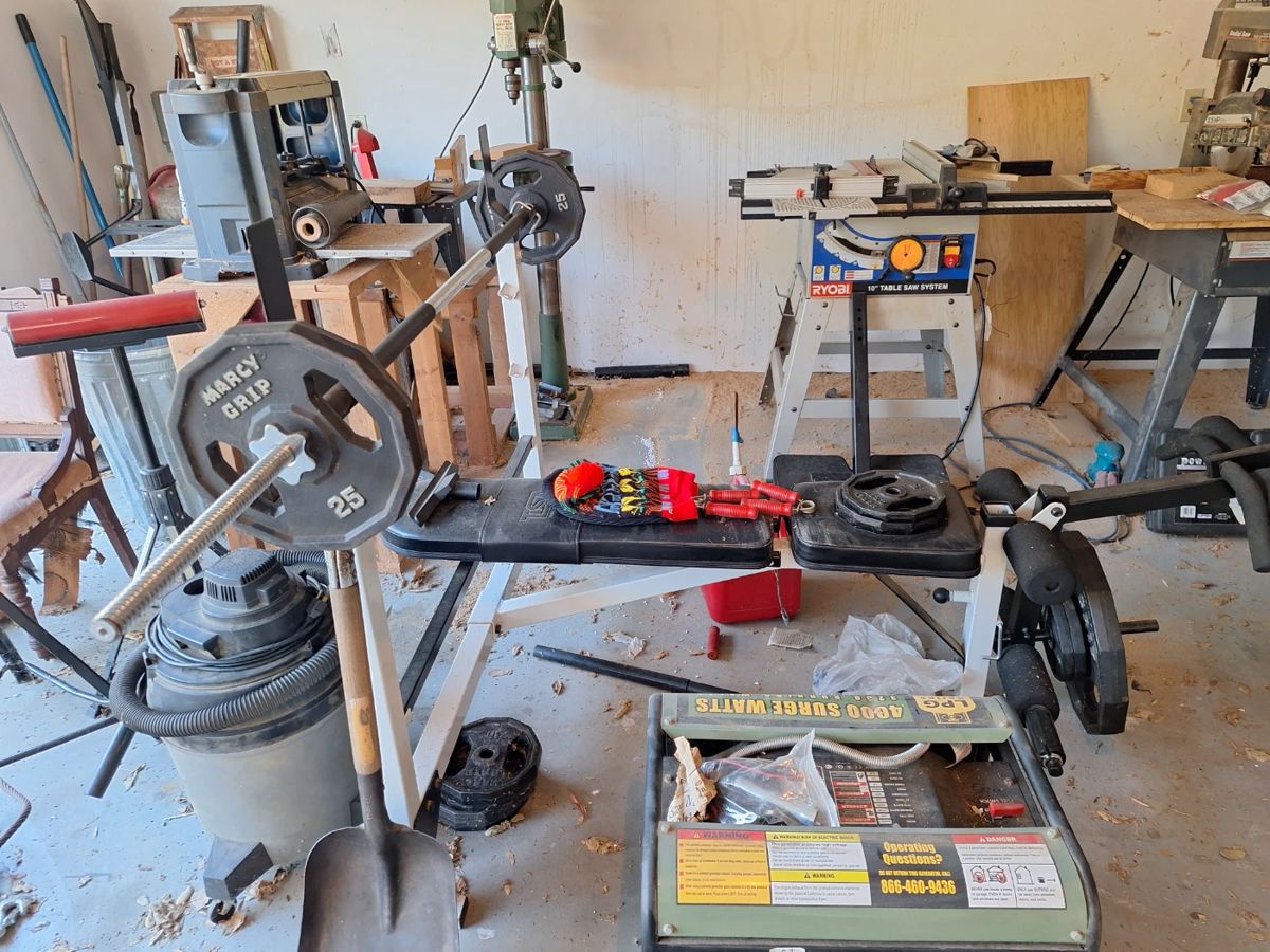 Weight bench w/free weights. Wood working equipment.