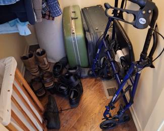 Suitcases. Walker. Wood laundry bin.