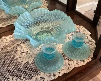 Blue Hobnail Ruffle Bowl & Candle Holders