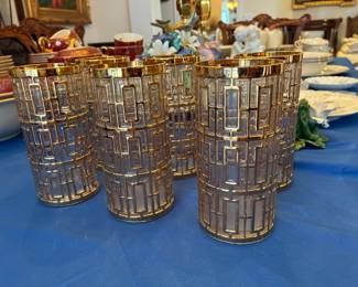 Set of six Imperial Glass Shoji Trellis 22k gold highball glasses Hollywood Regency