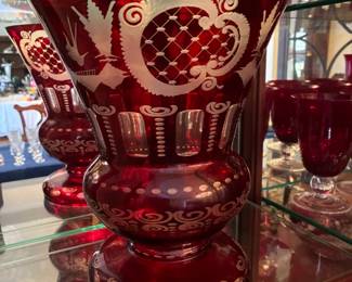 Vintage Bohemian Egermann ruby red "cut to clear" glass vase