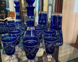 Vintage Bohemian cobalt cut to clear decanters and glasses