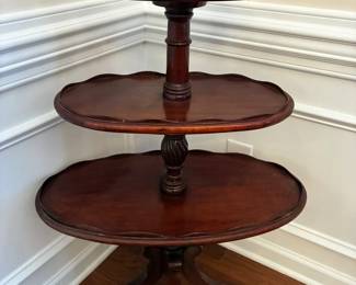 Three-tier mahogany dumbwaiter table/ pie crust table