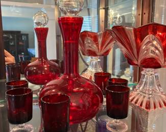 Vintage MCM Ruby glass decanter set