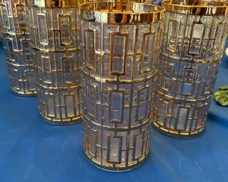 Set of six Imperial Glass Shoji Trellis 22k gold highball glasses Hollywood Regency