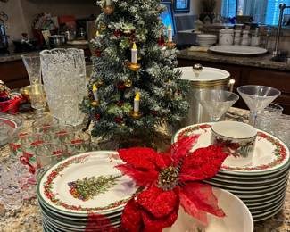 Thomas Kinkade collectible tabletop tree and Christopher Radko traditions Holiday Celebrations dinnerware