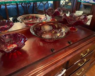 Vintage Bohemian ruby red cut-to-clear glass bowls