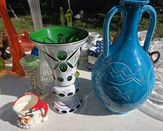 WINKING SANTA CLAUS MUG, ITALIAN POTTERY VASE, BOHEMIAN GLASS