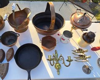 LARGE COLLECTION of COPPER ITEMS, CAST IRON, STONEWARE & BRASS