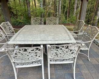 Patio table set - white iron seats 8