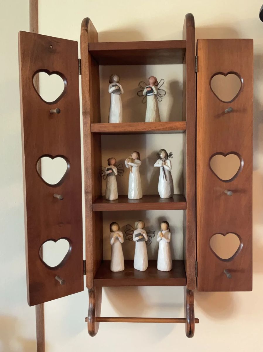 Collection of 8 Willow Tree Figurines a Vintage Wooden Shelf