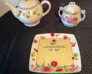 Vintage Tea Pot, a Sugar Bowl a Paula Deen Ceramic Plate
