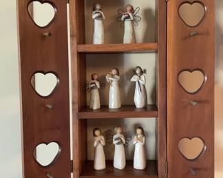 Collection of 8 Willow Tree Figurines a Vintage Wooden Shelf