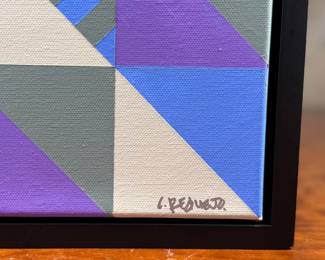 “Tranquility″, an original acrylic on canvas by listed artist, Camilo Requejo. Measures in frame, 13.25” H X 13.25” W. Requejo (1976-) is a Mexican-Spanish architect living in the US with more than 20 years of experience in design and construction, including several residential projects, sports, and medical facilities. Requejo started collecting art from recognized painters and sculptors for the past four years, waking up in him the desire of exploring and transporting his architectural style into art manifestation; combining geometric shapes with color combinations into the canvas.
