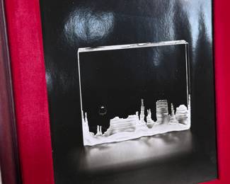 “Monument Valley”, an incredible crystal sculpture designed by Bernard X. Wolff for Steuben circa 1984. Comes in a stunning red presentation case, along with papers and documentation. This sculpture measures, 6.5” H x 8.75” W. 
