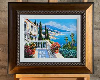 “Terrace View”, a serigraph in color with hand embellishment on canvas by listed artist, Alex Pauker circa 2002. Professionally framed by Park West Gallery and measures in frame, 21.5” H x 25.5” W. Comes with certificate of authenticity and appraisal from Park West. Alex Pauker was born in Russia in 1974, when the country was still under Communist rule. It was there in his homeland while attending Yekaterinburg College of Art that he discovered his natural talent for creating beautiful paintings of landscapes.

