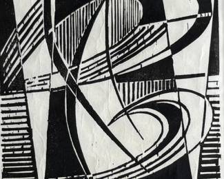 "Spiral Thrust", a black and white woodcut print by listed German-American artist, Werner Drewes. Hand-signed by the artist and limited edition. Professionally framed and measures in frame, 25” H x 20.25” W. Werner Drewes was born in Canig, Germany, and began studying art in 1920 at the Stuttgart School of Architecture. A year later he transferred to the Stuttgart School of Arts and Crafts. From 1921 to 1922, he studied with Paul Klee, Johannes Itten, and Oskar Schlemmer at the Bauhaus in Weimar.
