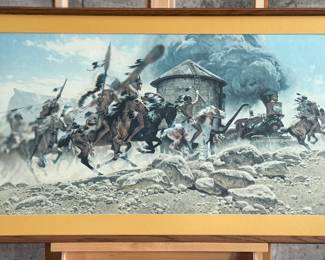 "The Ambush", a limited edition giclee by listed artist, Frank McCarthy circa 1978. This piece measures in the frame, 23.5” H x 41.5” W. The painting depicts a group of Native Americans on horseback attacking a train at a water tower. McCarthy’s art is known for its action-packed compositions and cinematic realism, capturing the energy of the American frontier.

