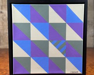 “Tranquility″, an original acrylic on canvas by listed artist, Camilo Requejo. Measures in frame, 13.25” H X 13.25” W. Requejo (1976-) is a Mexican-Spanish architect living in the US with more than 20 years of experience in design and construction, including several residential projects, sports, and medical facilities. Requejo started collecting art from recognized painters and sculptors for the past four years, waking up in him the desire of exploring and transporting his architectural style into art manifestation; combining geometric shapes with color combinations into the canvas.
