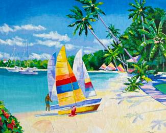 “Island Destination”, a deluxe hand-embellished serigraph in color on linen by listed artist, Alex Pauker circa 2005. Professionally framed by Park West Gallery and measures in frame, 25.25” H x 30.25” W. Signed in ink by the artist and limited edition. Includes certificate of authenticity and appraisal from Park West. Alex Pauker was born in Russia in 1974, when the country was still under Communist rule. It was there in his homeland while attending Yekaterinburg College of Art that he discovered his natural talent for creating beautiful paintings of landscapes.
