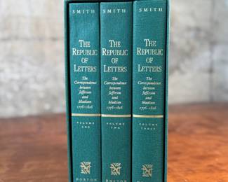 This lot features a three-volume of a series titled The Republic of Letters: The Correspondence between Thomas Jefferson and James Madison 1776-1826, edited by James Morton Smith. This is a collection of nearly 1,250 letters exchanged between Thomas Jefferson and James Madison, who are referred to as “the two greatest philosopher-statesmen of the American Enlightenment”. The letters document their personal and political partnership, which was instrumental in shaping the ideology of democracy and representative government.
