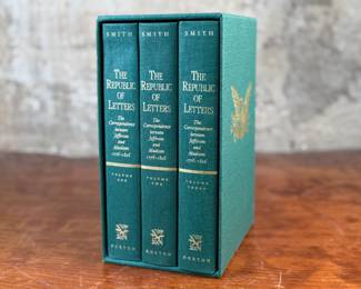 This lot features a three-volume of a series titled The Republic of Letters: The Correspondence between Thomas Jefferson and James Madison 1776-1826, edited by James Morton Smith. This is a collection of nearly 1,250 letters exchanged between Thomas Jefferson and James Madison, who are referred to as “the two greatest philosopher-statesmen of the American Enlightenment”. The letters document their personal and political partnership, which was instrumental in shaping the ideology of democracy and representative government.
