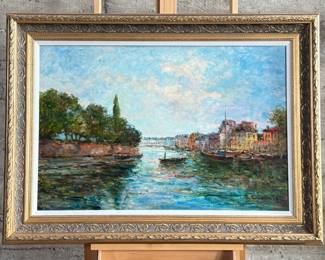 “Breeze”, an original oil on canvas by listed artist, Jacques Deveau. Signed lower right, professionally framed, and measures in frame, 33” H x 45” W. Jacques Deveau was a French post-war contemporary artist born in 1937 and was active in France during the 20th Century. As an impressionist painter, he was known for his detailed works depicting scenes from daily life; notably works of simple life by the garden or beach often depicting beautiful ladies and children.
