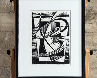 "Spiral Thrust", a black and white woodcut print by listed German-American artist, Werner Drewes. Hand-signed by the artist and limited edition. Professionally framed and measures in frame, 25” H x 20.25” W. Werner Drewes was born in Canig, Germany, and began studying art in 1920 at the Stuttgart School of Architecture. A year later he transferred to the Stuttgart School of Arts and Crafts. From 1921 to 1922, he studied with Paul Klee, Johannes Itten, and Oskar Schlemmer at the Bauhaus in Weimar.
